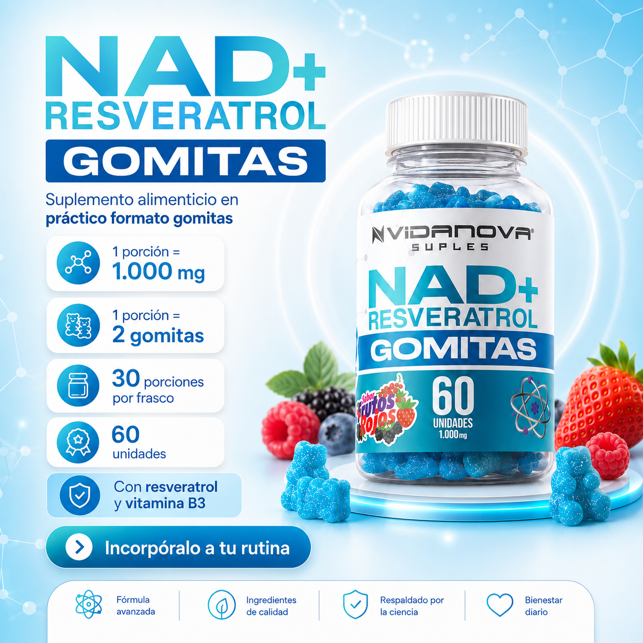 NAD+Resveratrol 60 Gomitas 1000mg | OFERTA ESPECIAL