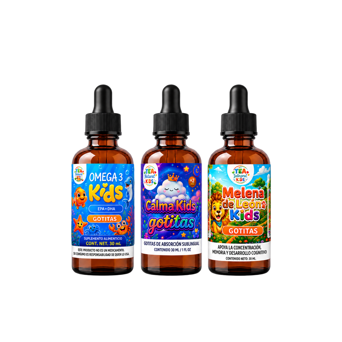 Tripack Kids Gotitas: Omega 3 + Melena de León + Calma Kids |  Tea Integral Kids 90 ml